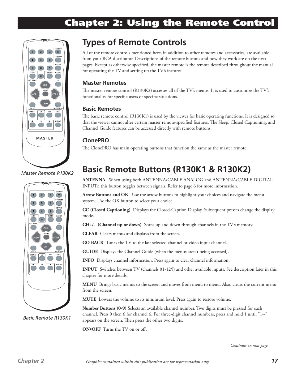 Types of remote controls, Chapter 2: using the remote control | RCA J27F636 User Manual | Page 17 / 40