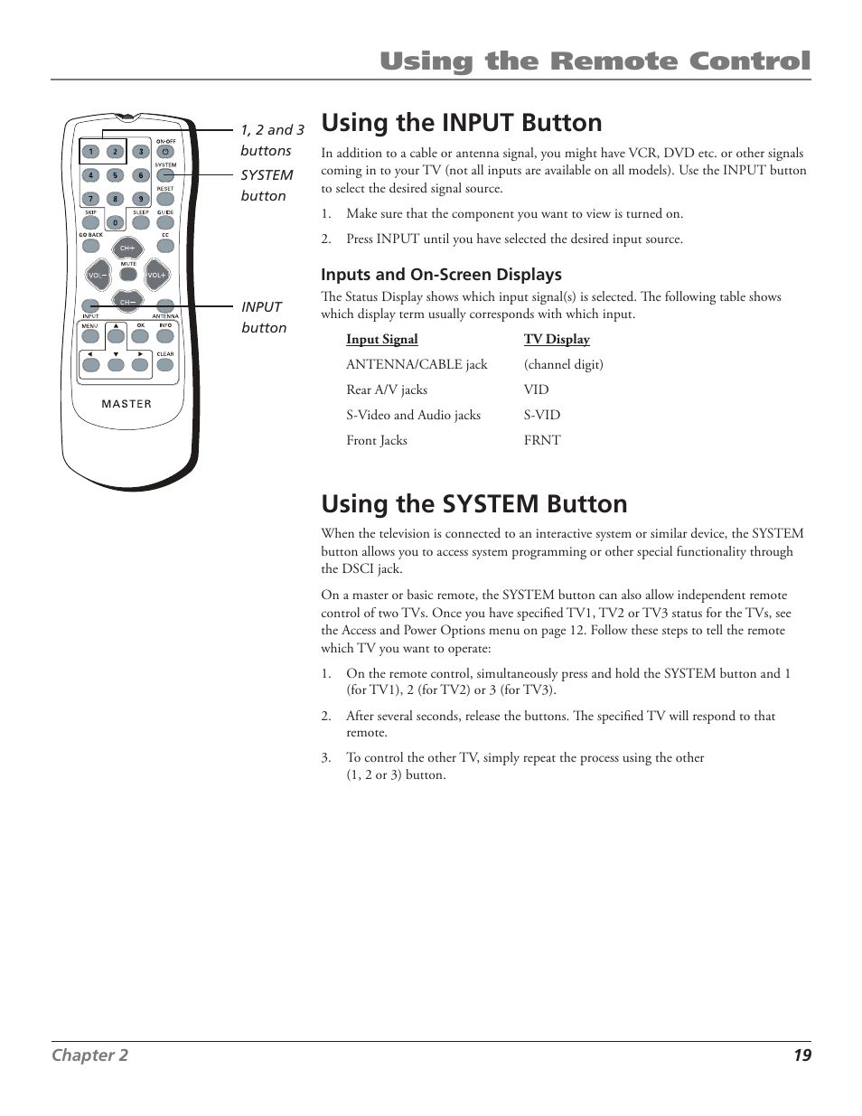 Using the remote control using the input button, Using the system button | RCA J27F636 User Manual | Page 19 / 40