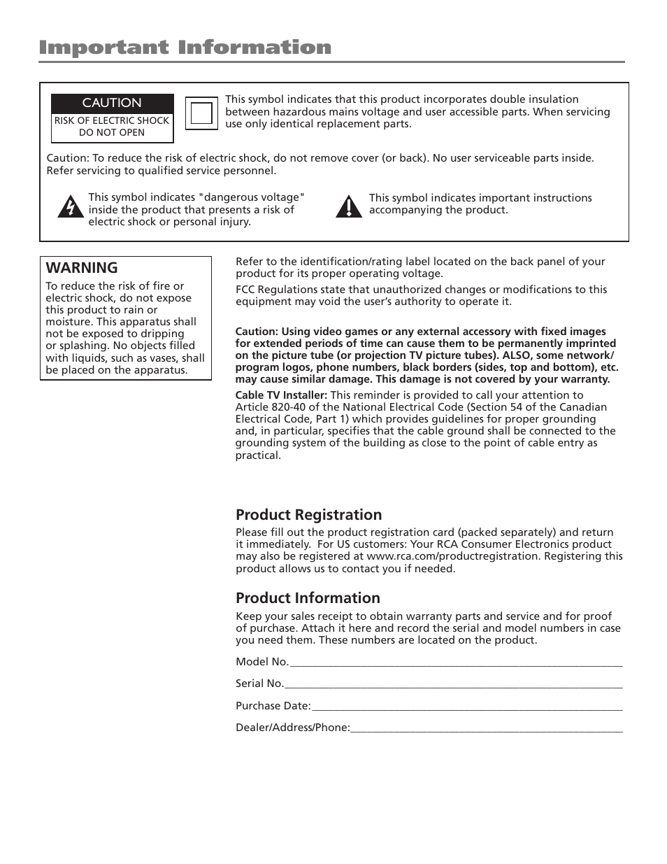 Important information, Product registration, Product information | Warning | RCA J27F636 User Manual | Page 2 / 40