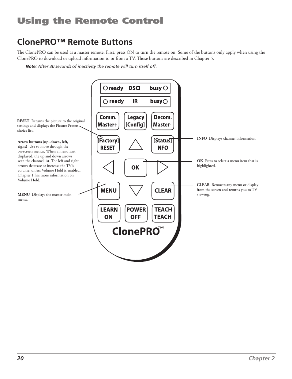 Using the remote control, Clonepro™ remote buttons, 20 chapter 2 | RCA J27F636 User Manual | Page 20 / 40