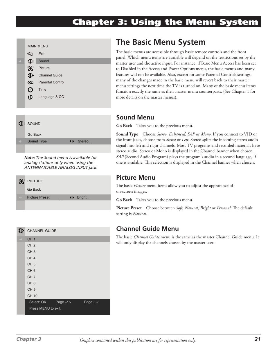 The basic menu system, Chapter 3: using the menu system, Sound menu | Picture menu, Channel guide menu, Chapter  21 | RCA J27F636 User Manual | Page 21 / 40