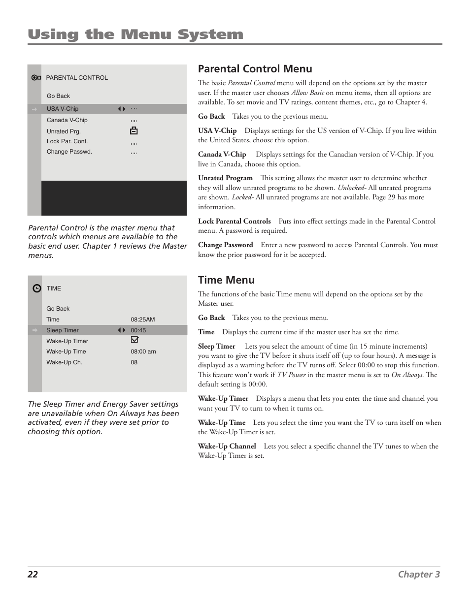 Using the menu system, Parental control menu, Time menu | 22 chapter | RCA J27F636 User Manual | Page 22 / 40