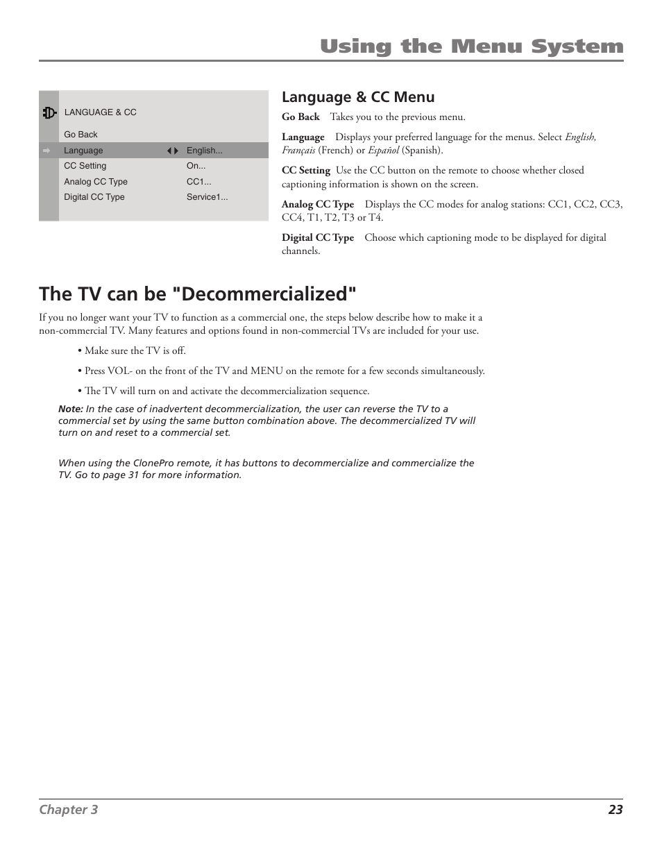 Using the menu system, The tv can be "decommercialized, Language & cc menu | Chapter  2 | RCA J27F636 User Manual | Page 23 / 40