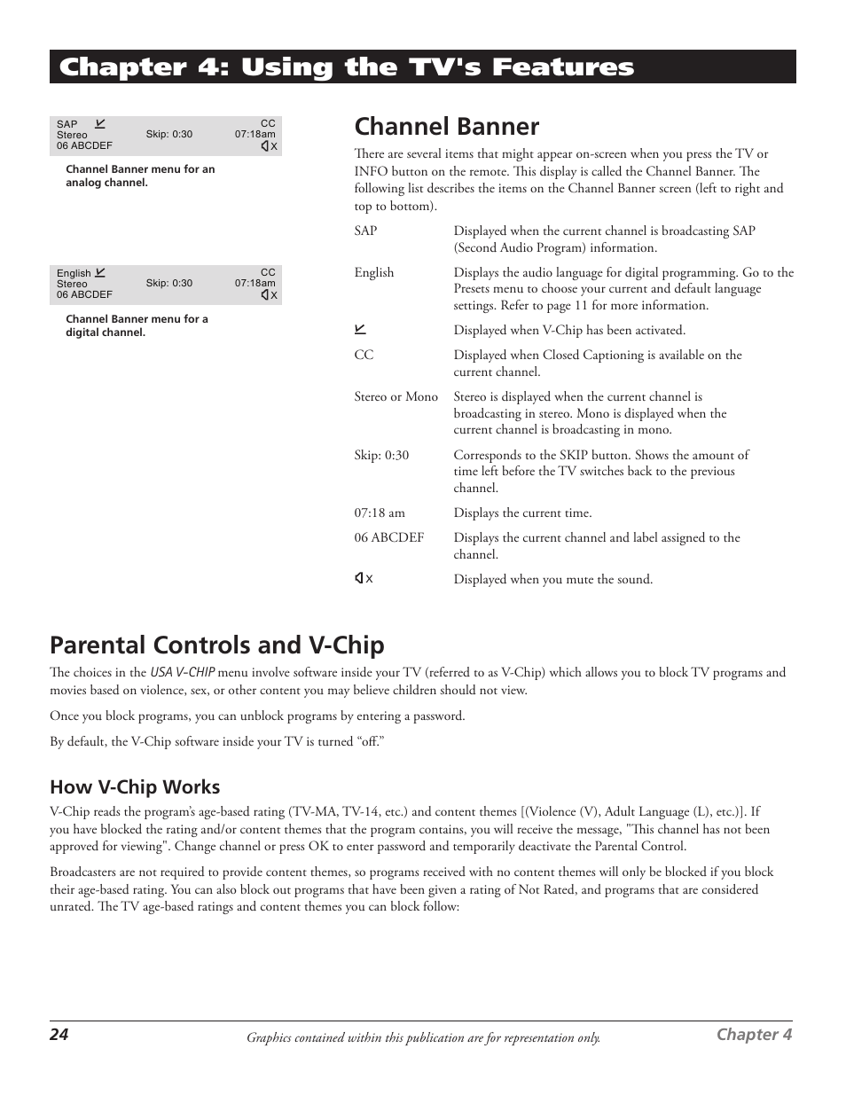 Channel banner, Parental controls and v-chip, Chapter 4: using the tv's features | How v-chip works | RCA J27F636 User Manual | Page 24 / 40