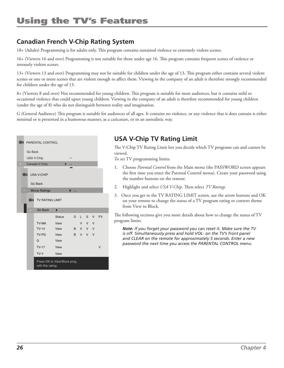 Using the tv’s features, Canadian french v-chip rating system, Usa v-chip tv rating limit | 2 chapter | RCA J27F636 User Manual | Page 26 / 40