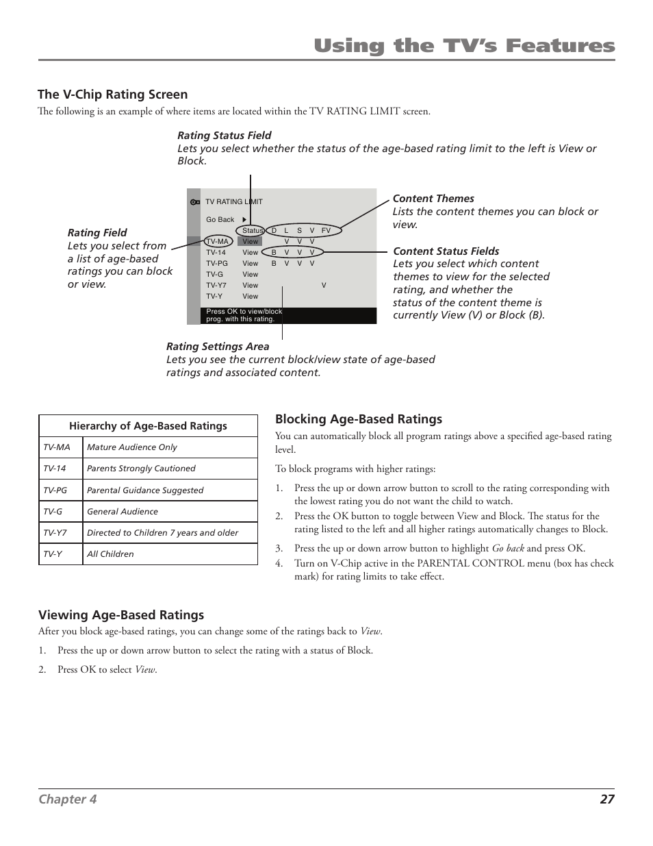 Using the tv’s features, Chapter  2, The v-chip rating screen | Blocking age-based ratings, Viewing age-based ratings | RCA J27F636 User Manual | Page 27 / 40