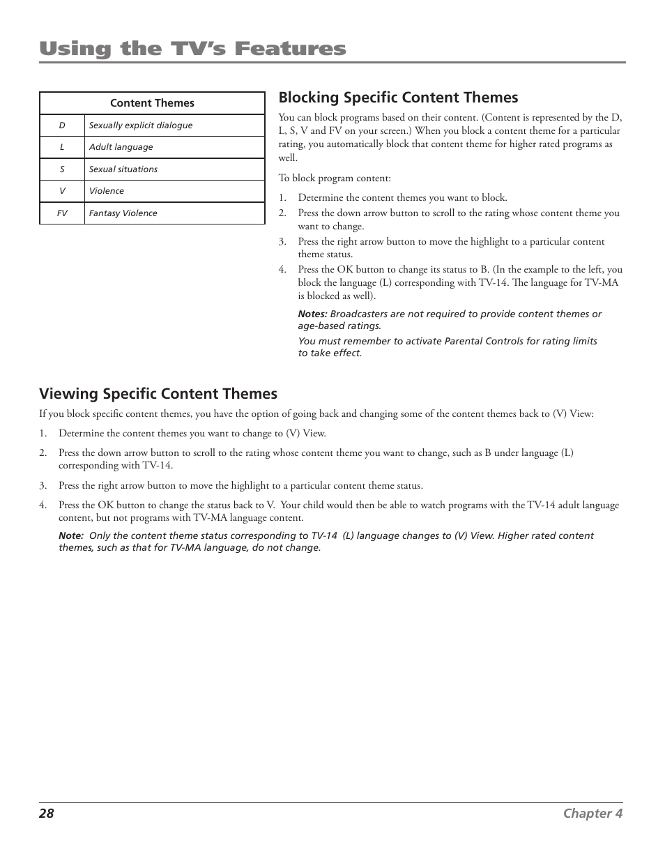 Using the tv’s features, Blocking specific content themes, Viewing specific content themes | RCA J27F636 User Manual | Page 28 / 40