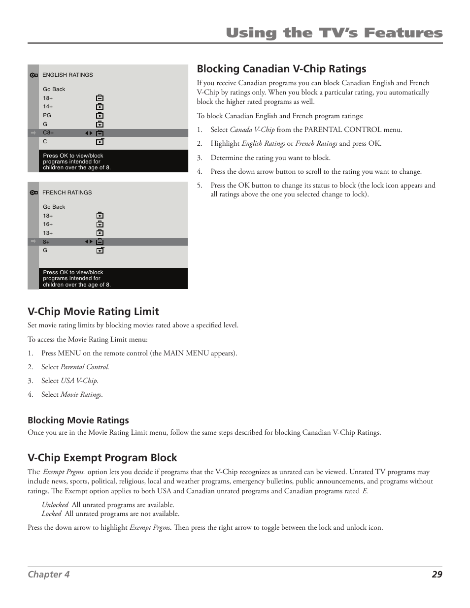 Using the tv’s features, Blocking canadian v-chip ratings, V-chip movie rating limit | V-chip exempt program block | RCA J27F636 User Manual | Page 29 / 40