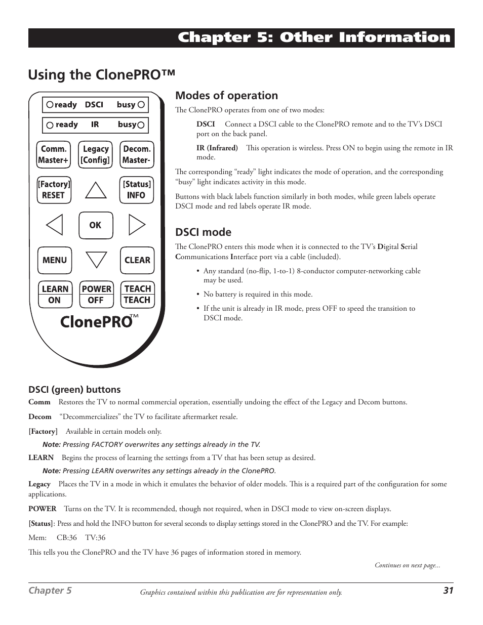 Other information chapter 5: other information, Using the clonepro, Modes of operation | Dsci mode | RCA J27F636 User Manual | Page 31 / 40