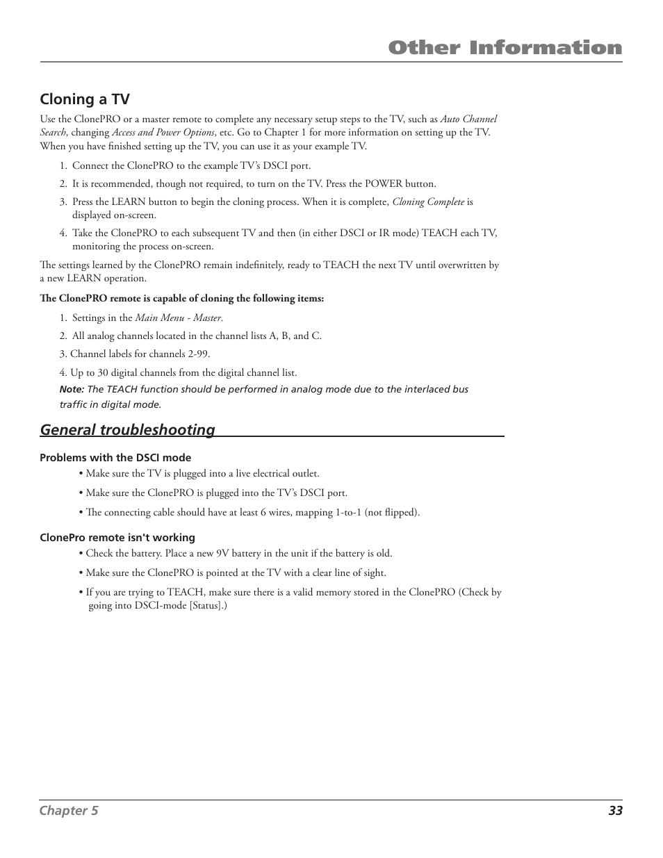 Other information, Cloning a tv, General troubleshooting | RCA J27F636 User Manual | Page 33 / 40