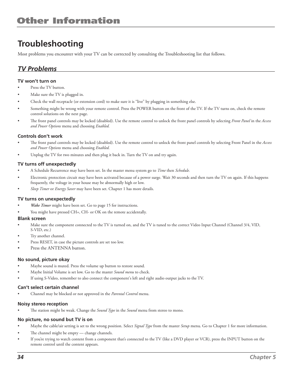 Other information troubleshooting, Tv problems | RCA J27F636 User Manual | Page 34 / 40