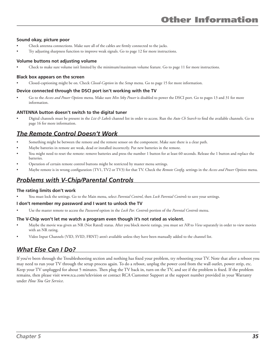 Other information, The remote control doesn’t work, Problems with v-chip/parental controls | What else can i do | RCA J27F636 User Manual | Page 35 / 40