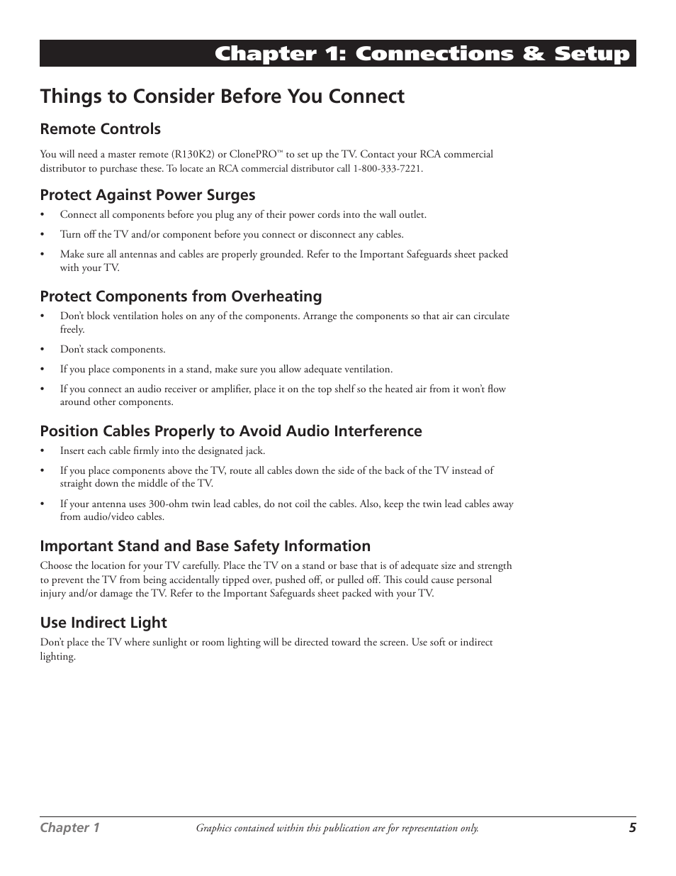 Things to consider before you connect, Chapter 1: connections & setup, Remote controls | Protect against power surges, Protect components from overheating, Important stand and base safety information, Use indirect light | RCA J27F636 User Manual | Page 5 / 40