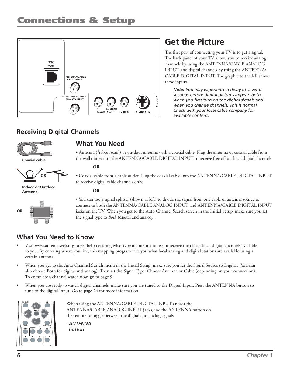 Connections & setup, Get the picture, What you need to know | Receiving digital channels, What you need | RCA J27F636 User Manual | Page 6 / 40