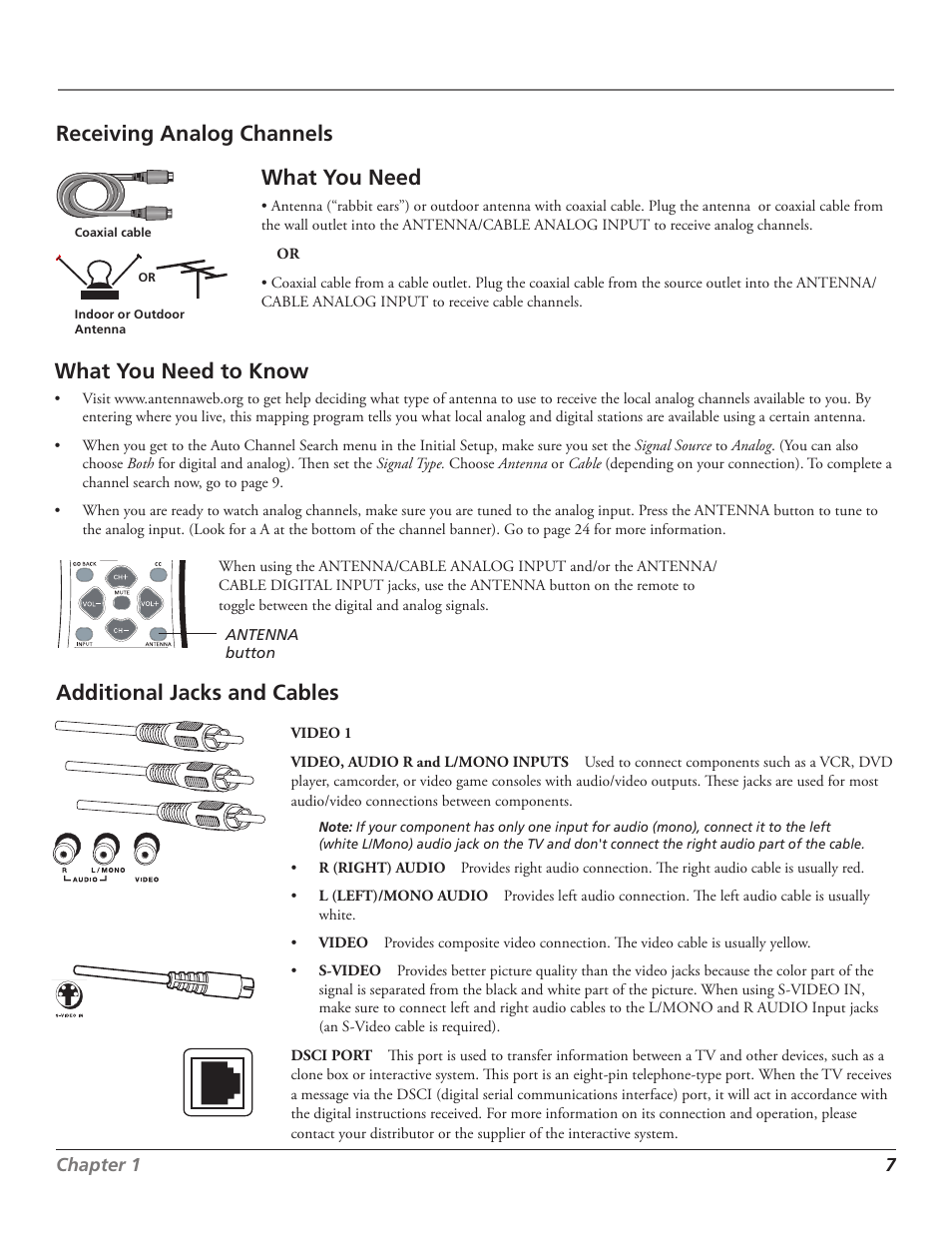 Connections & setup, Additional jacks and cables, What you need to know | What you need, Receiving analog channels, Chapter 1 | RCA J27F636 User Manual | Page 7 / 40