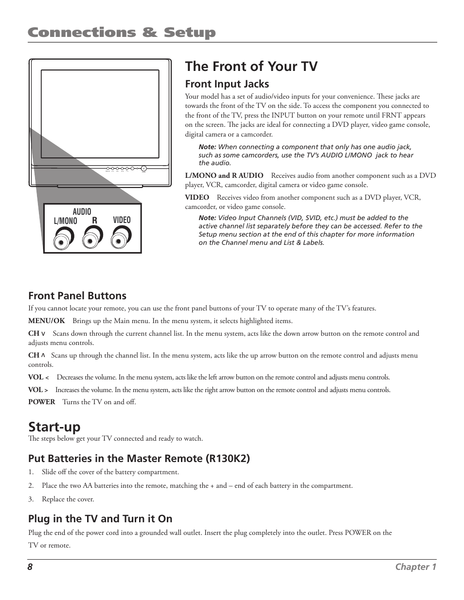 Connections & setup, The front of your tv, Start-up | Front input jacks, Front panel buttons, Put batteries in the master remote (r130k2), Plug in the tv and turn it on | RCA J27F636 User Manual | Page 8 / 40