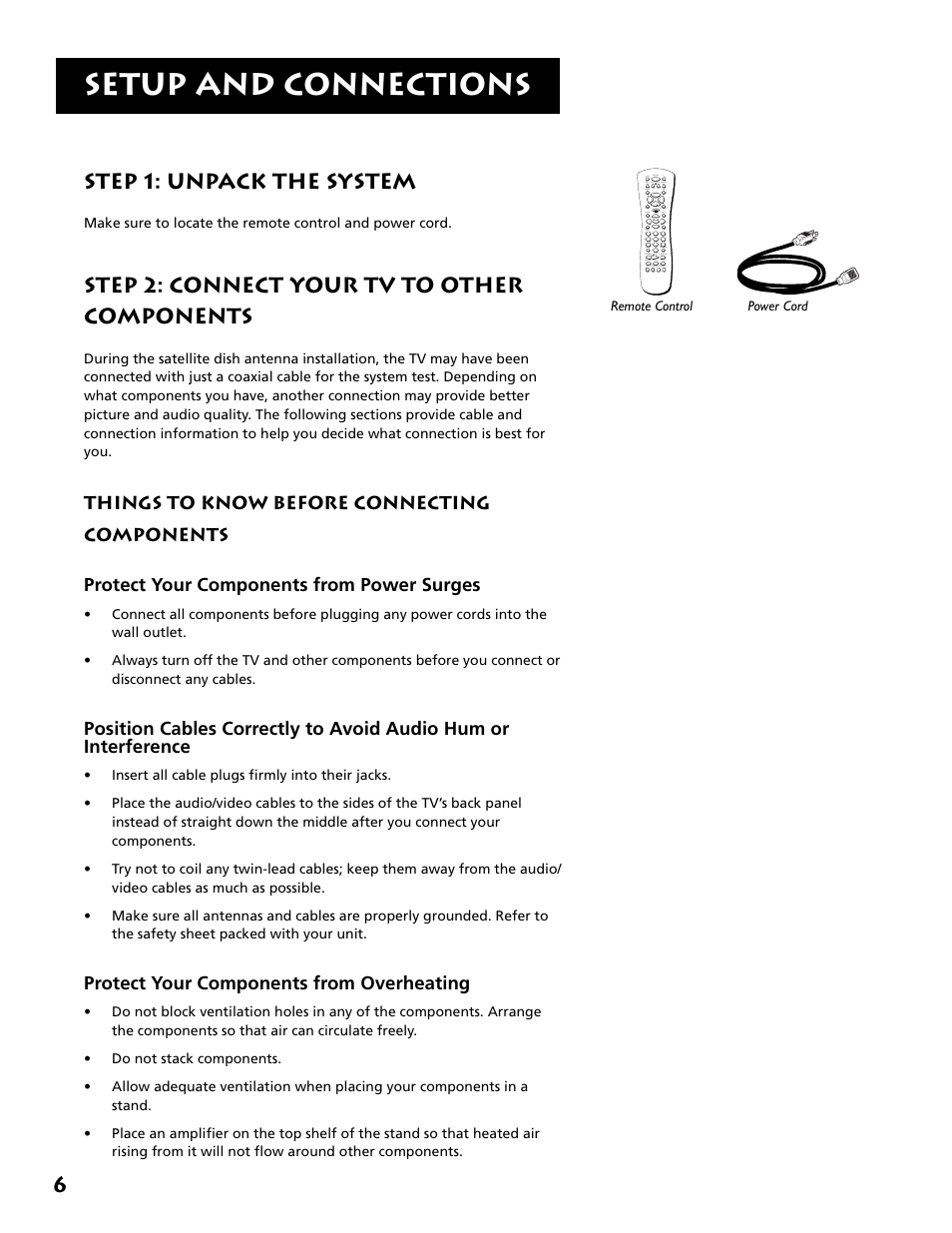 Setup and connections, Step 1: unpack the system, Step 2: connect your tv to other components | 6step 1: unpack the system, Protect your components from overheating | RCA F38310 User Manual | Page 10 / 100