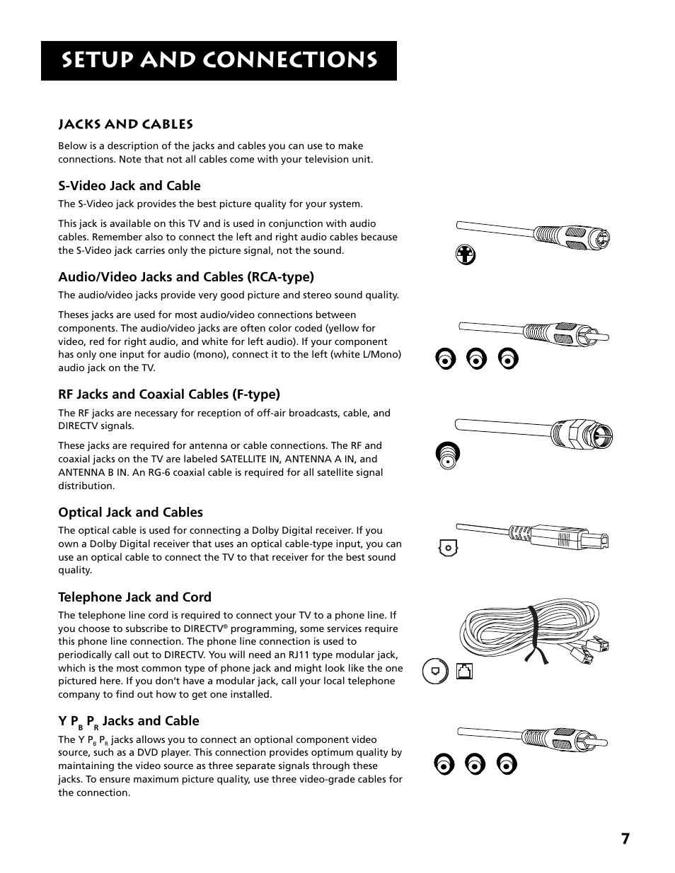 Jacks and cables, Setup and connections, S-video jack and cable | Audio/video jacks and cables (rca-type), Rf jacks and coaxial cables (f-type), Optical jack and cables, Telephone jack and cord, Jacks and cable | RCA F38310 User Manual | Page 11 / 100