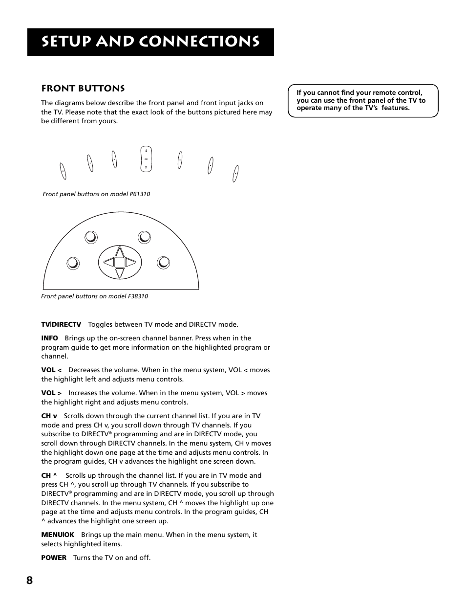 Front buttons, Setup and connections | RCA F38310 User Manual | Page 12 / 100