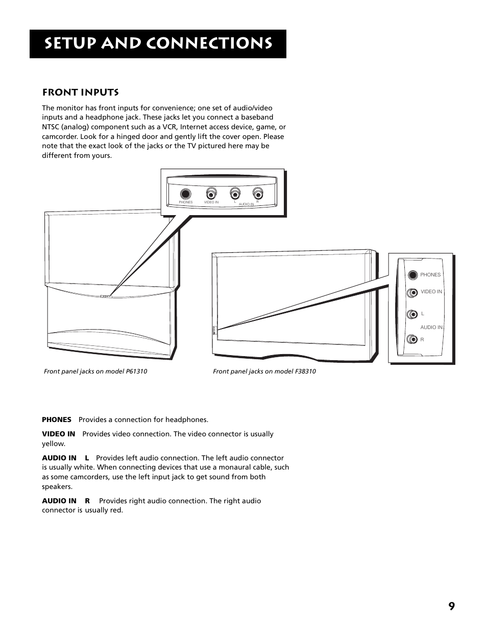 Front inputs, Setup and connections | RCA F38310 User Manual | Page 13 / 100