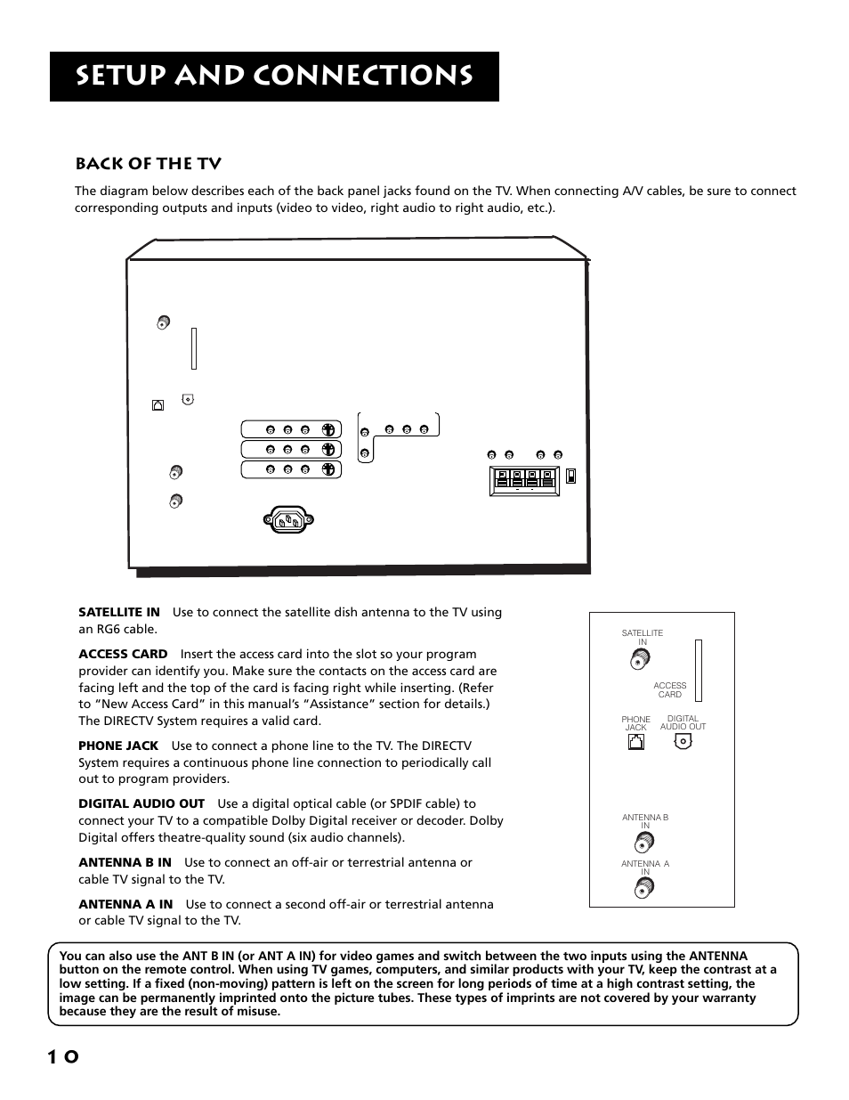 Back of the tv, Setup and connections | RCA F38310 User Manual | Page 14 / 100