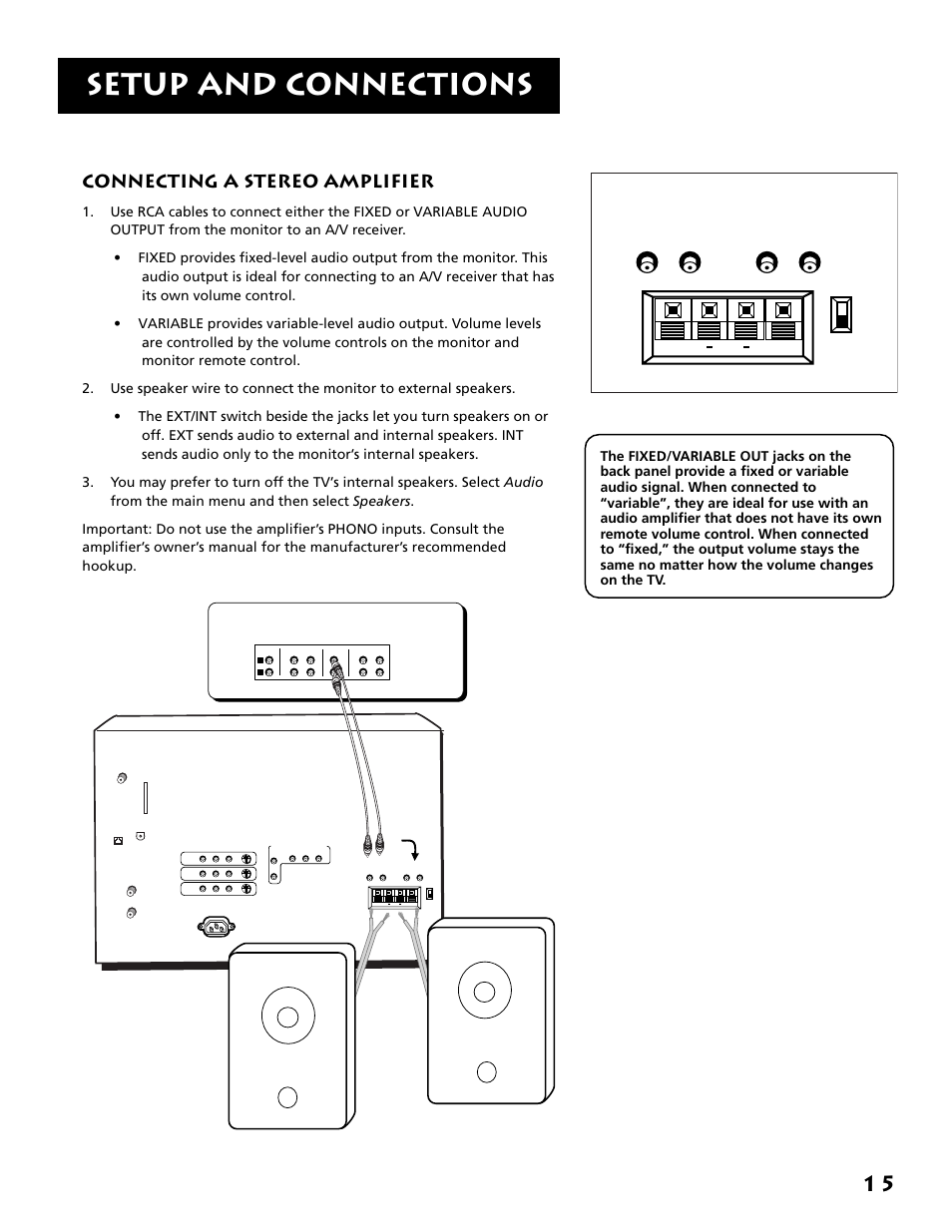 Connecting a stero amplifier, Setup and connections, Connecting a stereo amplifier | RCA F38310 User Manual | Page 19 / 100