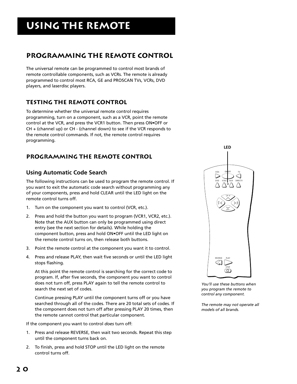 Programming the remote control, Testing the remote control, Using automatic code search | Using the remote | RCA F38310 User Manual | Page 24 / 100