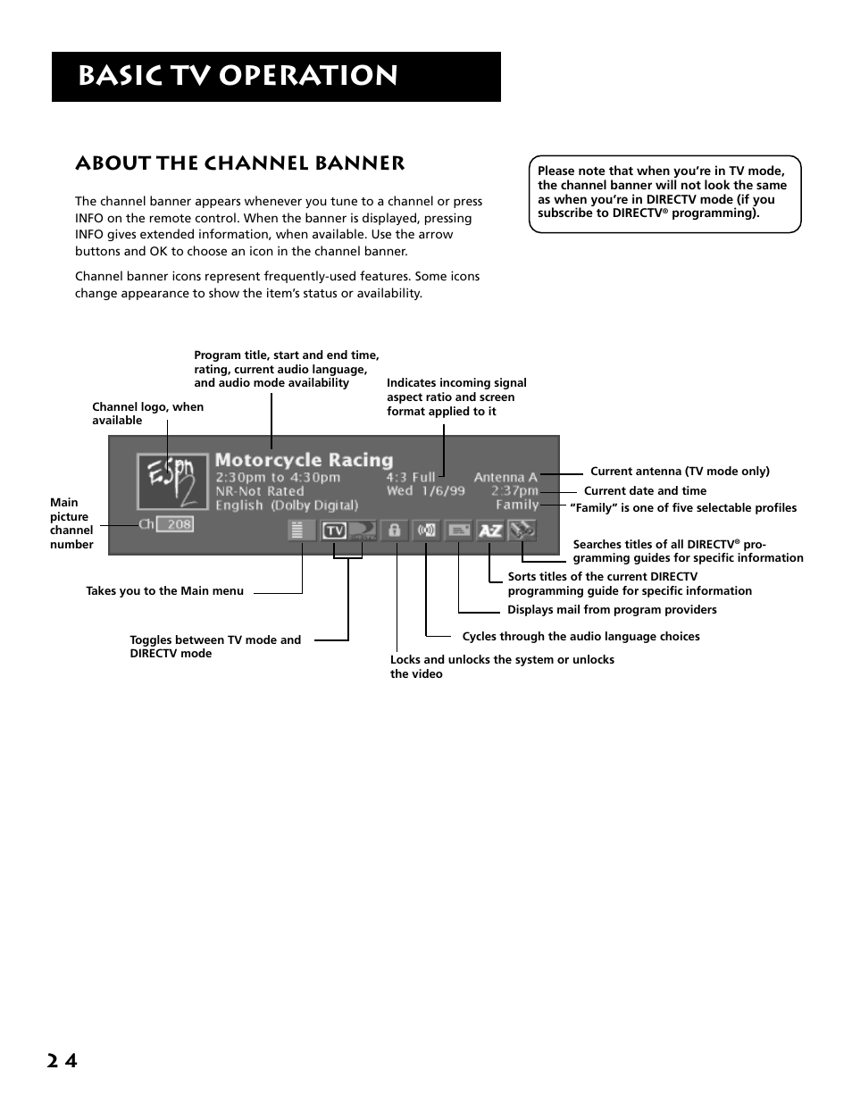About the channel banner, Basic tv operation, 2 4 about the channel banner | RCA F38310 User Manual | Page 28 / 100