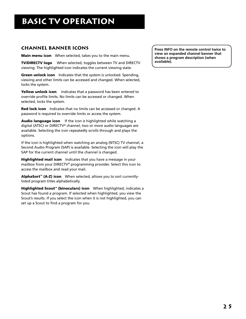 Channel banner icons, Basic tv operation | RCA F38310 User Manual | Page 29 / 100