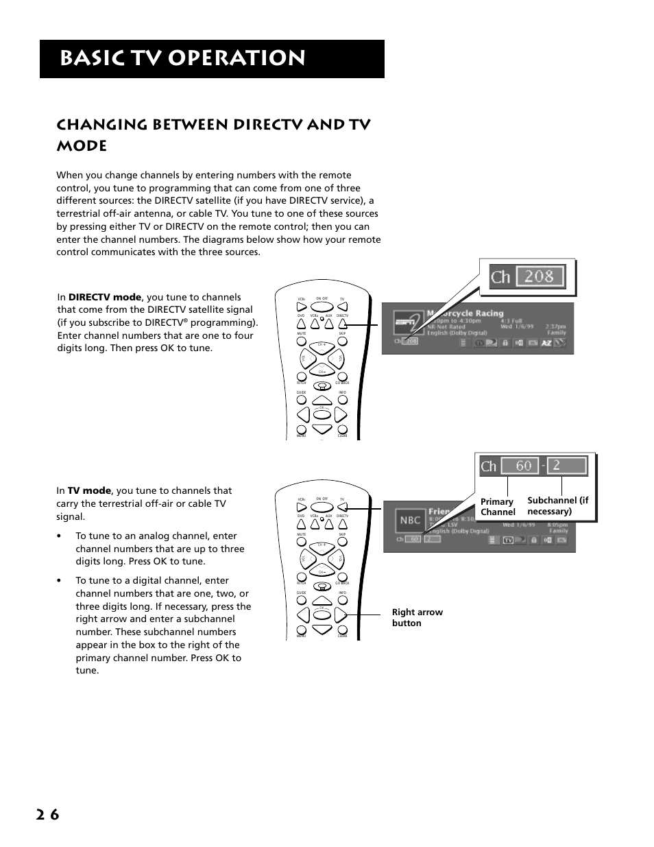 Changing between directv and tv mode, Basic tv operation | RCA F38310 User Manual | Page 30 / 100