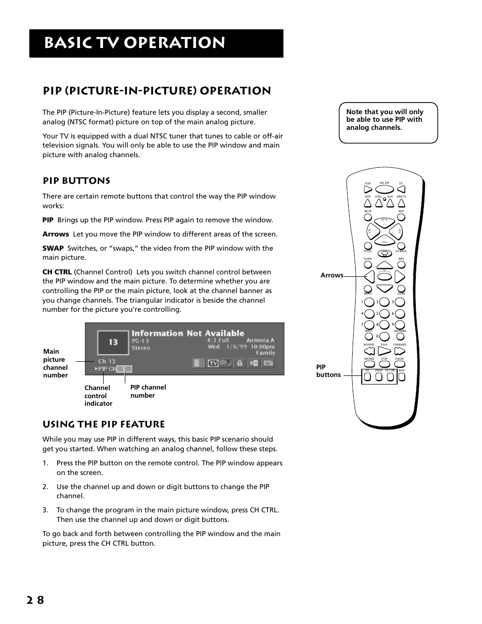 Pip (picture-in-picture) operation, Pip buttons, Using the pip feature | Basic tv operation, 2 8 pip (picture-in-picture) operation | RCA F38310 User Manual | Page 32 / 100