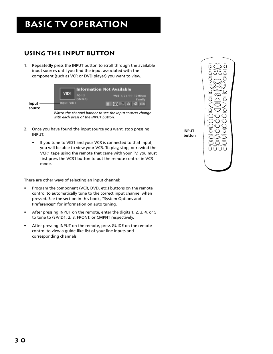 Using the input button, Basic tv operation, 3 0 using the input button | Input button, Input source | RCA F38310 User Manual | Page 34 / 100
