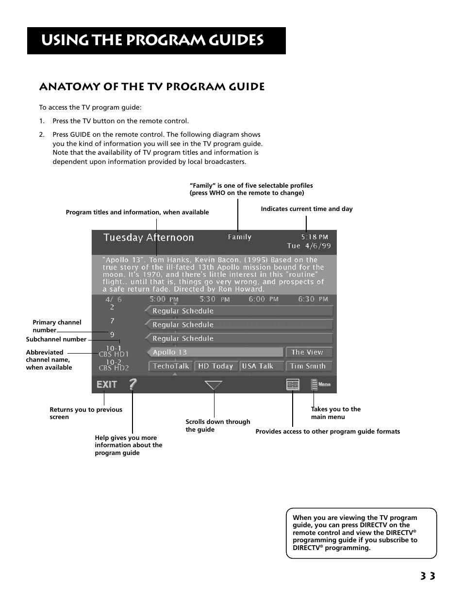 Anatomy of the tv program guide, Using the program guides, 3 3 anatomy of the tv program guide | RCA F38310 User Manual | Page 37 / 100