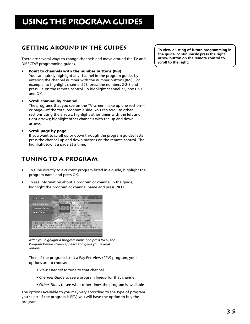 Getting around in the guides, Tuning to a program, Using the program guides | 3 5 getting around in the guides | RCA F38310 User Manual | Page 39 / 100