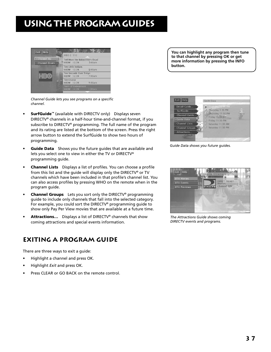 Exiting a program guide, Using the program guides | RCA F38310 User Manual | Page 41 / 100