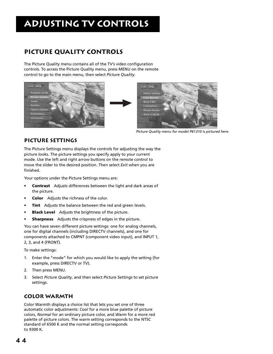 Picture quality controls, Picture settings, Color warmth | Adjusting tv controls | RCA F38310 User Manual | Page 48 / 100