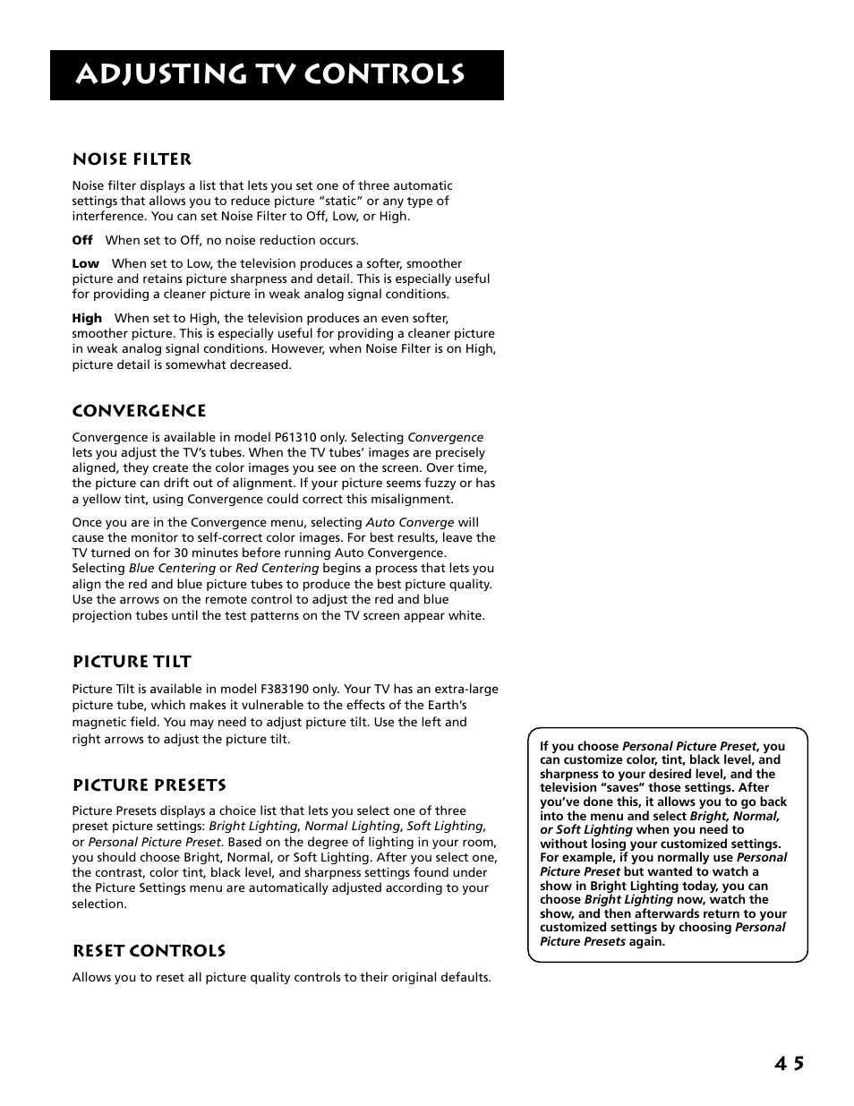 Noise filter, Convergence, Picture tilt | Picture presets, Reset controls, Adjusting tv controls | RCA F38310 User Manual | Page 49 / 100