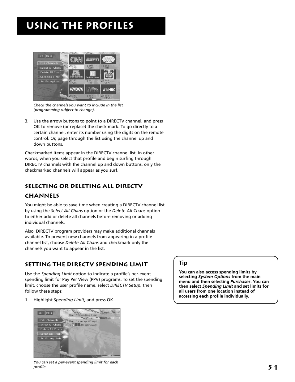 Selecting or deleting all directv channels, Setting the directv spending limit, Using the profiles | RCA F38310 User Manual | Page 55 / 100