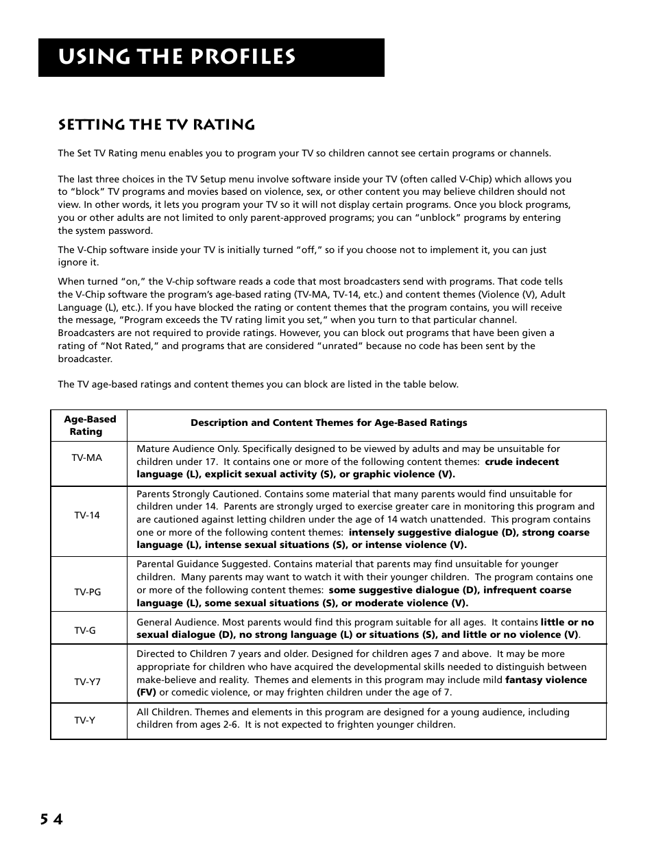 Setting the tv rating, Using the profiles | RCA F38310 User Manual | Page 58 / 100