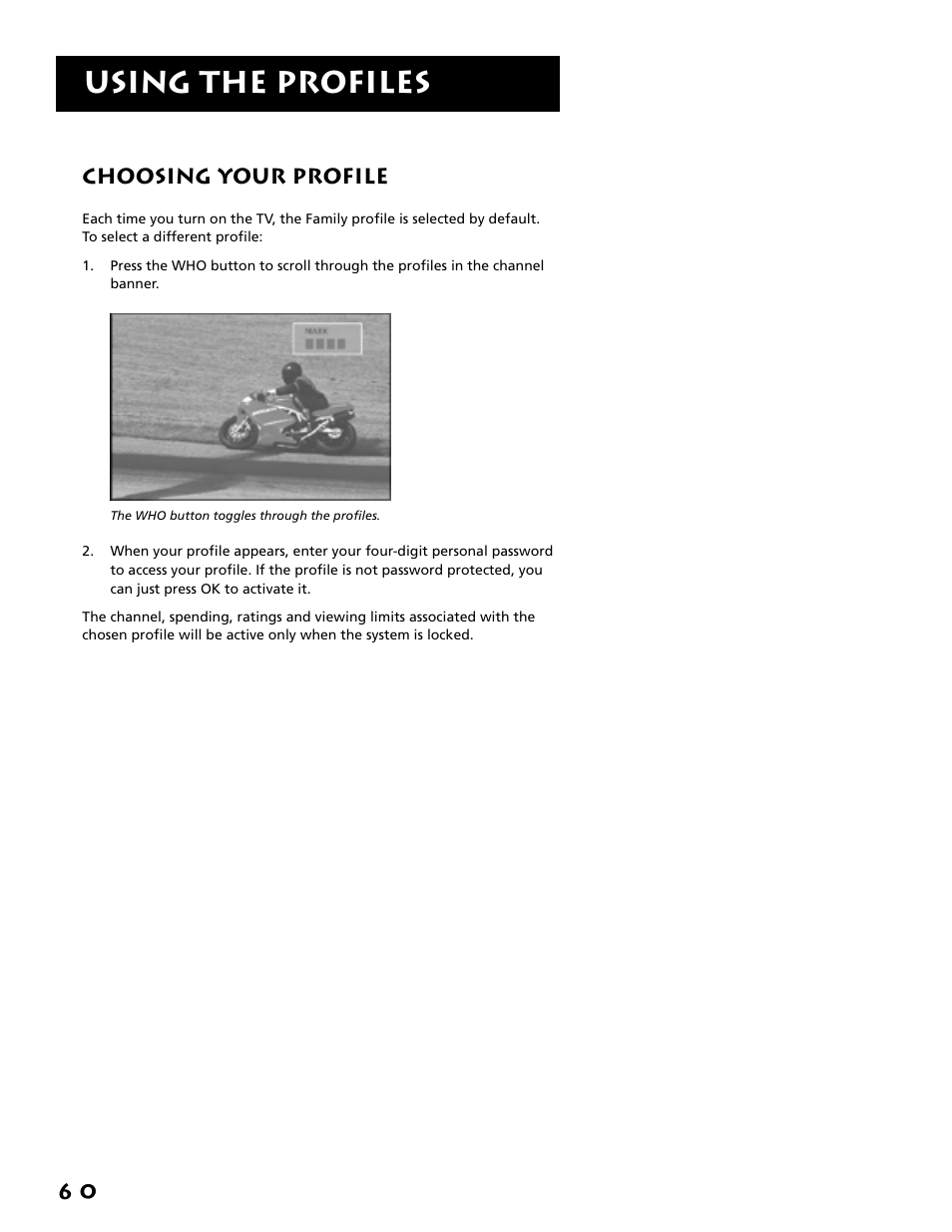 Choosing your profile, Using the profiles, 6 0 choosing your profile | RCA F38310 User Manual | Page 64 / 100