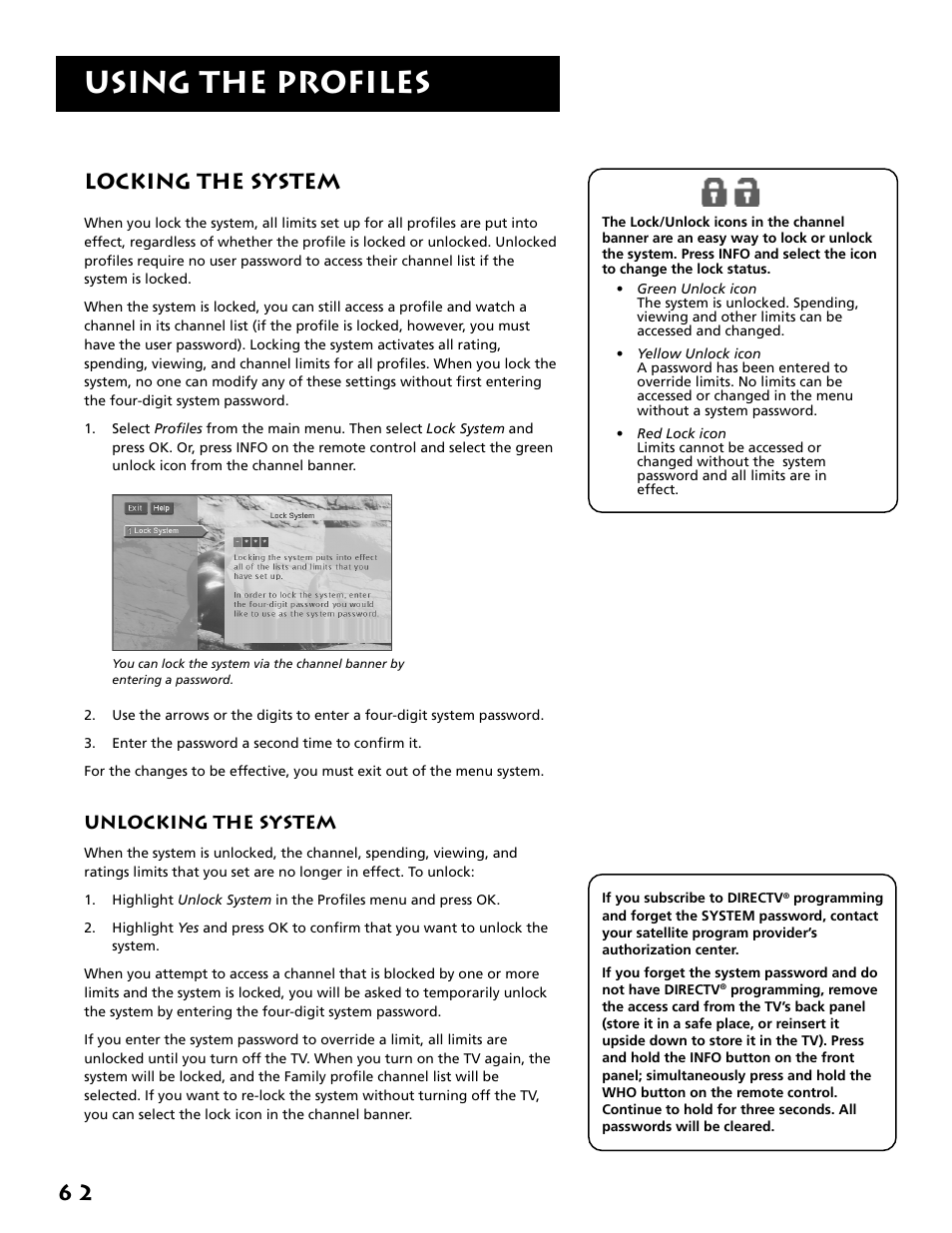 Locking the system, Unlocking the system, Using the profiles | 6 2 locking the system | RCA F38310 User Manual | Page 66 / 100