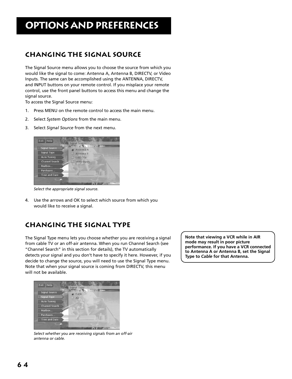 Changing the signal source, Changing the signal type, Options and preferences | 6 4 changing the signal source | RCA F38310 User Manual | Page 68 / 100