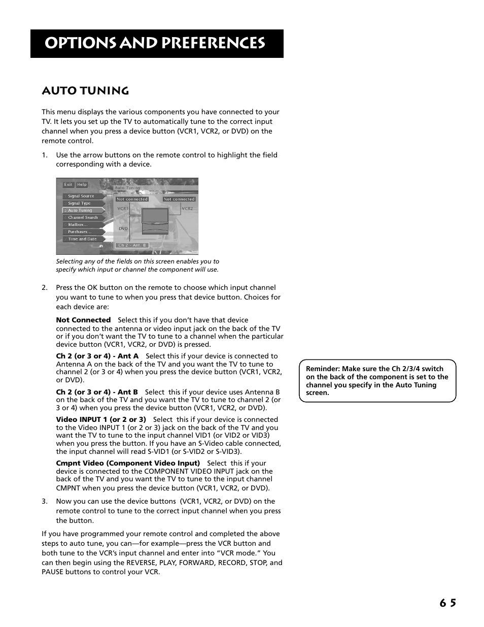 Auto tuning, Options and preferences, 6 5 auto tuning | RCA F38310 User Manual | Page 69 / 100