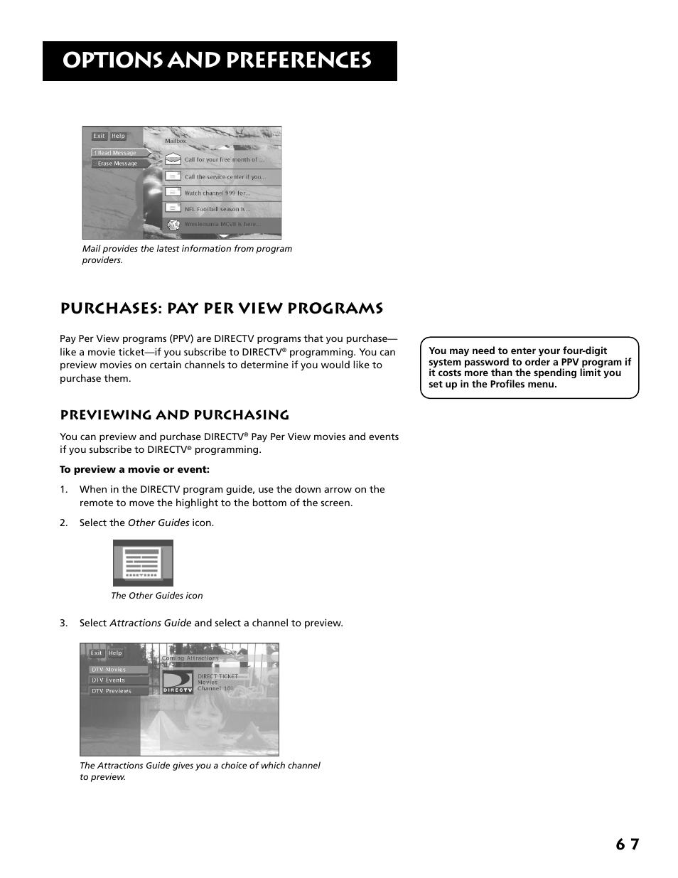 Purchases: pay per view programs, Options and preferences, 6 7 purchases: pay per view programs | Previewing and purchasing | RCA F38310 User Manual | Page 71 / 100