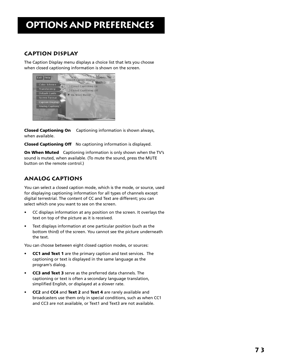 Caption display, Analog captions, Options and preferences | RCA F38310 User Manual | Page 77 / 100