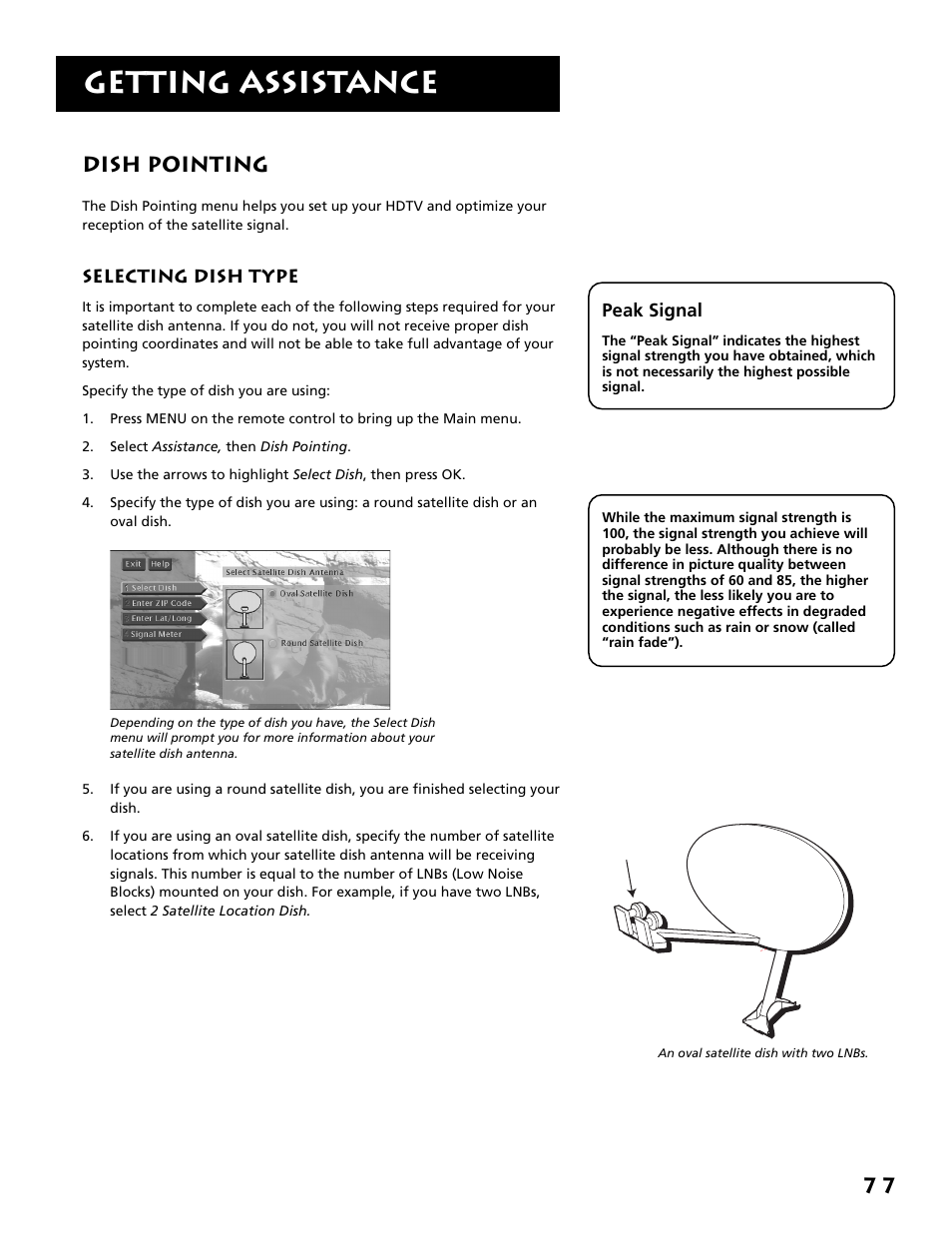 Dish pointing, Getting assistance, 7 7 dish pointing | RCA F38310 User Manual | Page 81 / 100