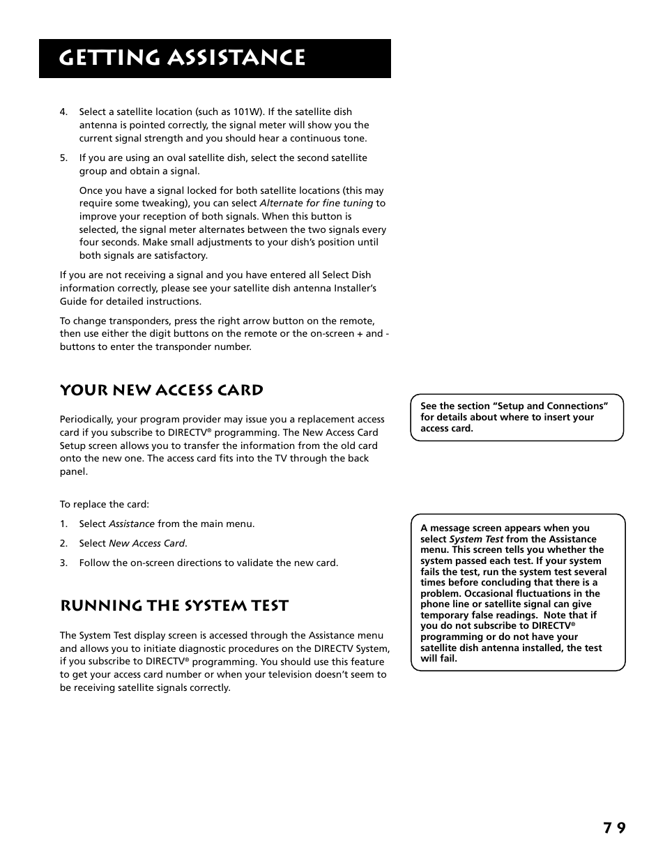 Your new access card, Running the system test, Getting assistance | RCA F38310 User Manual | Page 83 / 100