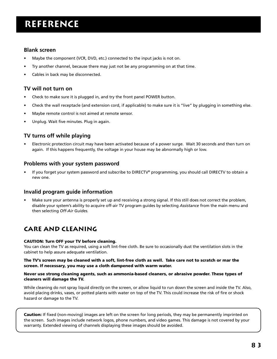 Care and cleaning, Reference | RCA F38310 User Manual | Page 87 / 100