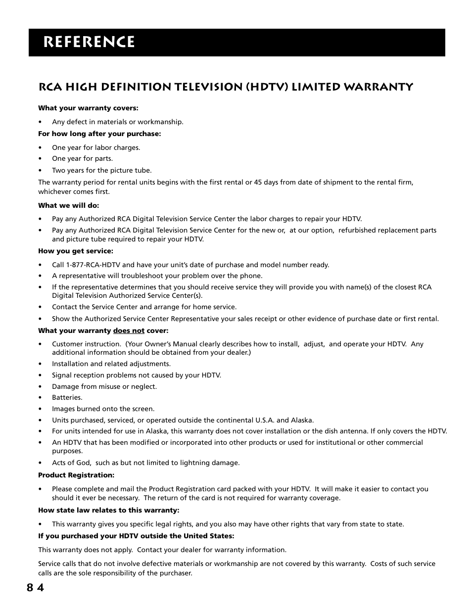 Rca hdtv limited warranty, Reference | RCA F38310 User Manual | Page 88 / 100