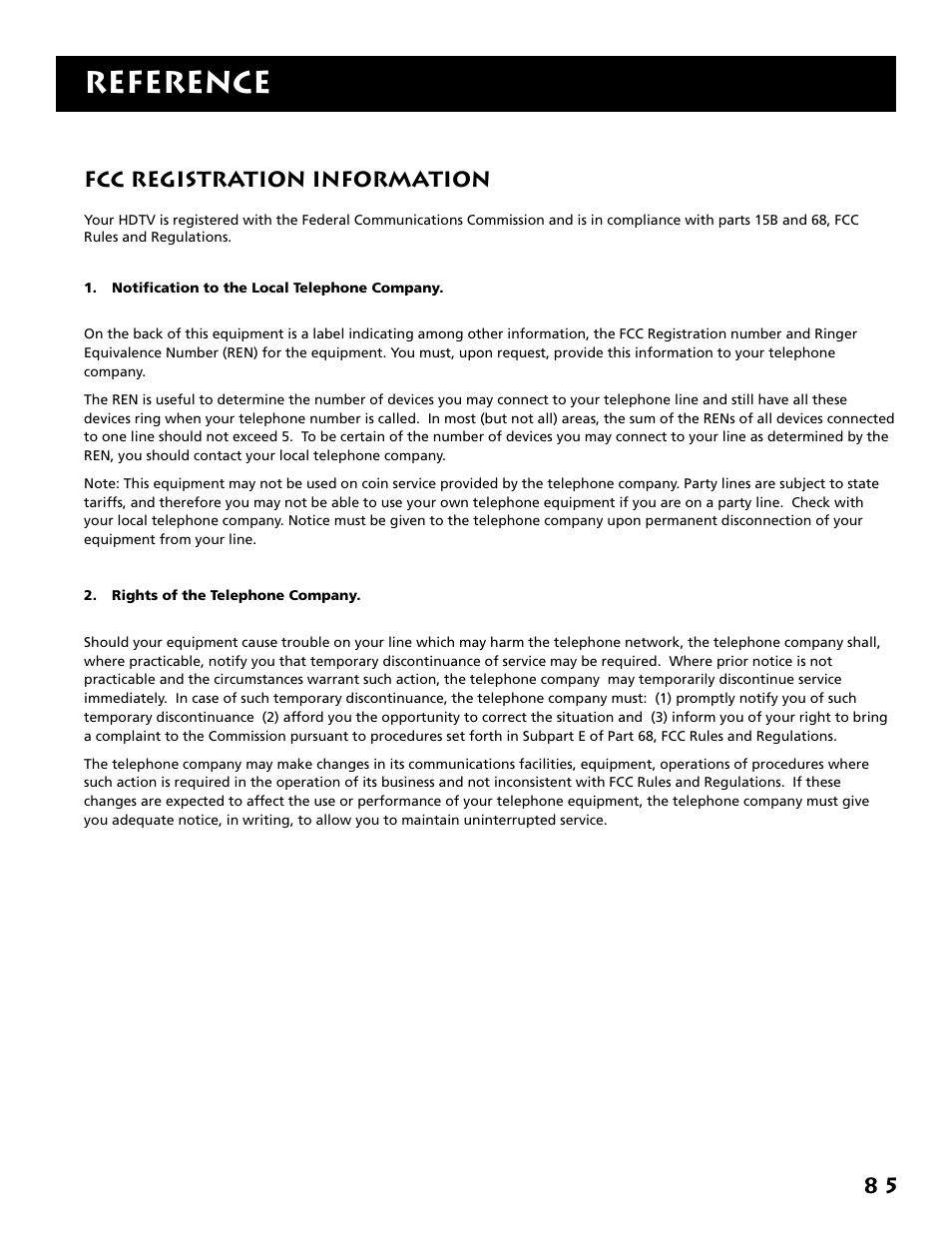 Fcc registration information, Reference | RCA F38310 User Manual | Page 89 / 100